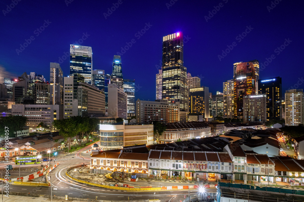 Fototapeta premium Aerial view of Chinatown, Singapore. Beautiful night scene of Singapore.
