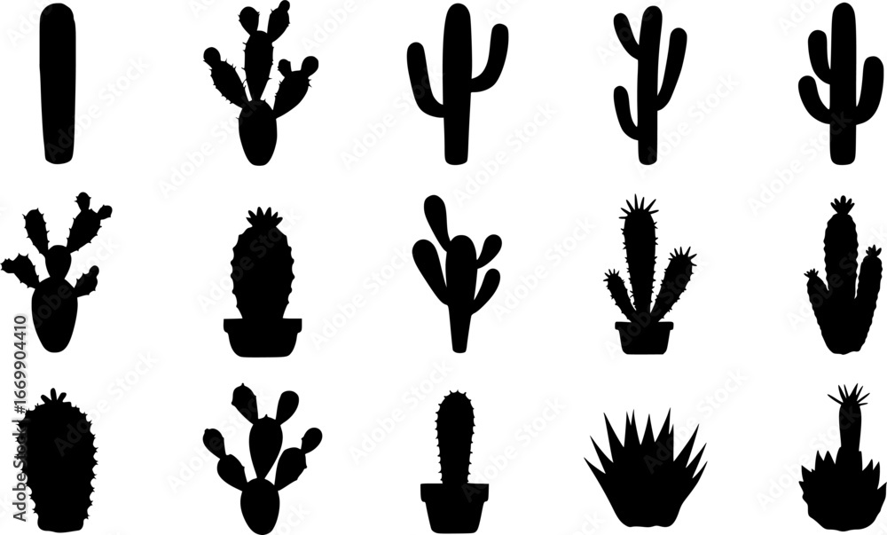 Fototapeta premium Various cactus plant silhouettes icon set on white background 