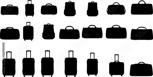 Travel luggage and suitcase black silhouette icon set isolated on white background
