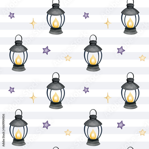 Watercolor seamless pattern with vintage lantern and glowing stars. Magic childish decoration. Fairy patterns.