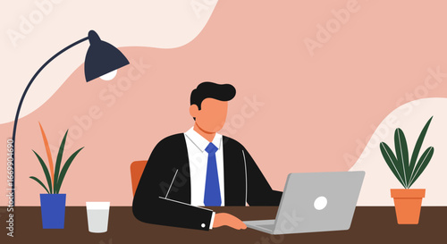 Professional businessman works diligently on his laptop at a modern desk, embodying concepts of corporate productivity, remote work, and digital entrepreneurship.