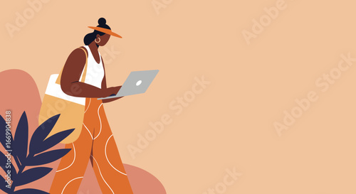 Stylish woman in a hat works on a laptop in a relaxed, warm-toned setting, embodying remote work and digital nomad lifestyle with freedom and connectivity.