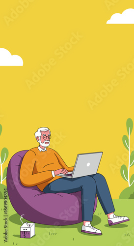 Senior man relaxes outdoors on a bean bag, using a laptop. Depicts modern elderly digital connection, leisure, and comfortable lifestyle.