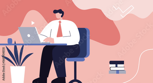 Professional man working diligently on a laptop at his desk. Represents productivity, remote work, online learning, or business success in a modern, illustrative style.