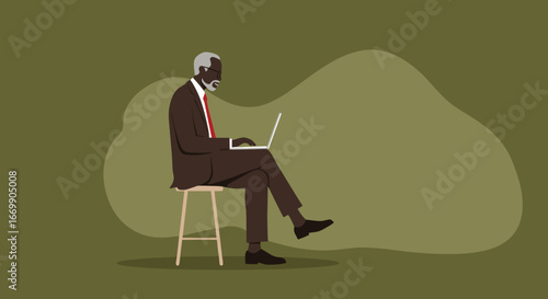 An experienced senior Black businessman happily works on his laptop, embodying productivity and connection in the digital age. Ideal for business, technology, or lifestyle concepts.