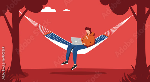 A person works remotely on a laptop while relaxing in a hammock outdoors, depicting modern work-life balance, freedom, and digital nomad lifestyle.