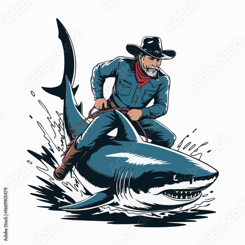 Cowboy illustration of fish rodeo scene koi shark for art poster t-shirt graphic