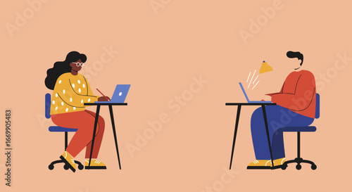 Two diverse professionals work on laptops at individual desks, representing remote work, online learning, and digital collaboration in modern business settings.