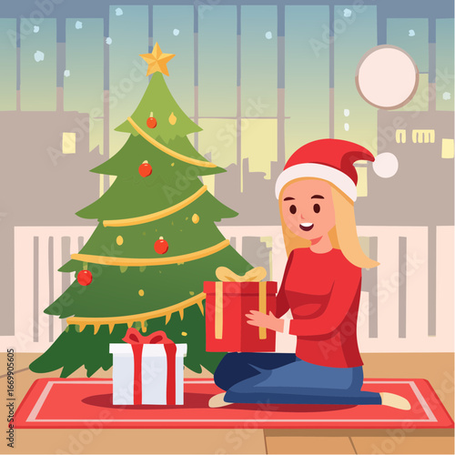 Beautiful excited isolated blonde girl opening Christmas present