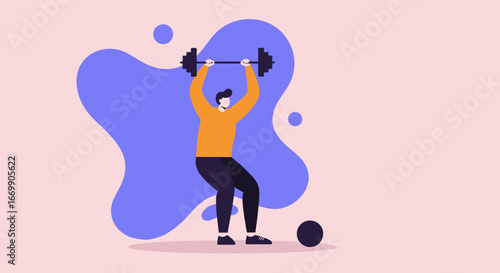 A man performs an overhead weightlifting exercise, demonstrating strength and dedication to fitness. Ideal for health, lifestyle, and wellness concepts.