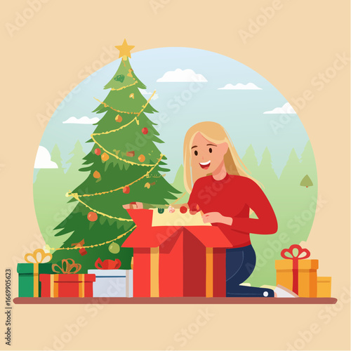 Beautiful excited isolated blonde girl opening Christmas present