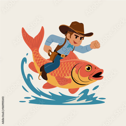 Cowboy illustration of fish rodeo scene koi shark for art poster t-shirt graphic