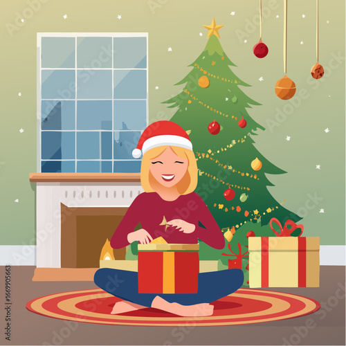 Beautiful excited isolated blonde girl opening Christmas present