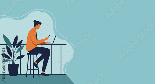 Person efficiently works remotely on laptop and smartphone from a balcony, showcasing modern flexible work, digital connectivity, and a productive lifestyle.