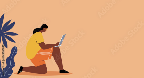 Young person working remotely on a laptop in a relaxed outdoor setting with tropical plants, representing freelance, digital nomad, or flexible work concepts.