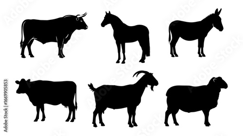 Silhouettes of farm animals: bull, horse, donkey, cow, goat, and sheep, perfect for design
