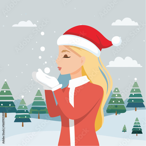 Beautiful isolated Christmas winter blonde girl puffing