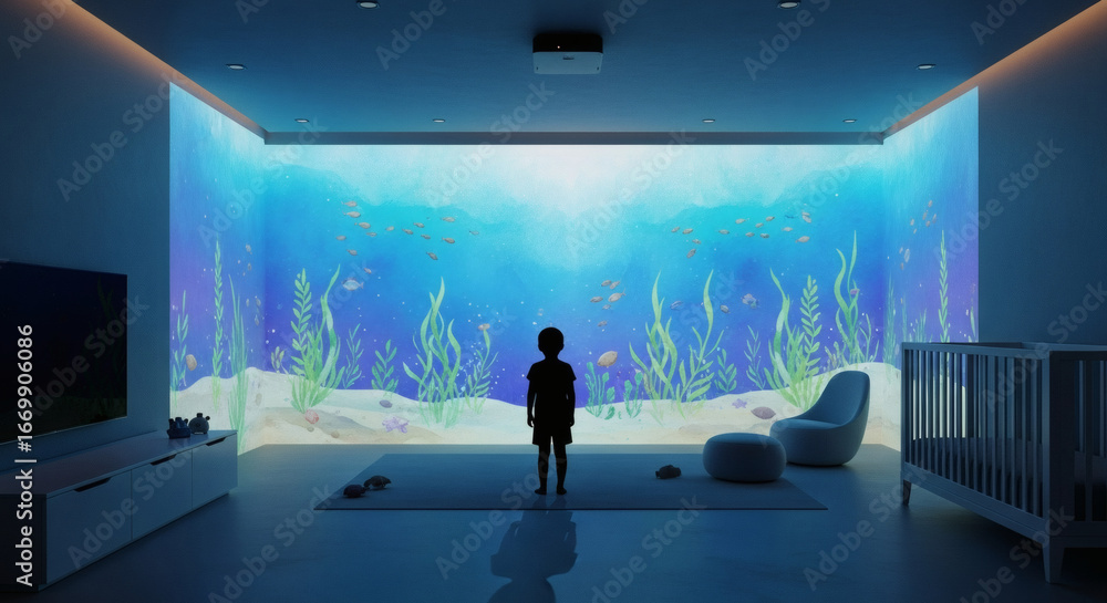 Obraz premium Enchanted child gazes at a breathtaking oceanic projection transforming a contemporary room into a serene underwater fantasy, fostering wonder and exploration.