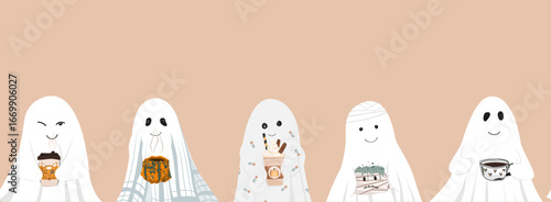 Halloween ghosts teatime seamless pattern. Fall vibes characters border, vector illustration.