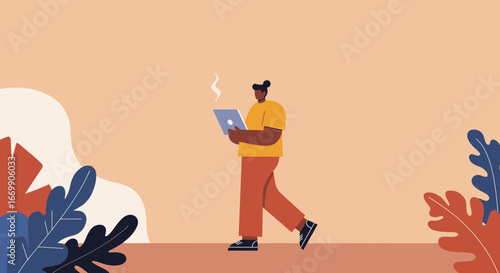 Illustration of a person walking while using a tablet, highlighting modern remote work, flexible lifestyle, and digital connectivity on the go.
