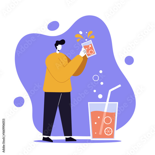Man pouring ingredients into a glass to prepare a refreshing, healthy citrus drink. Perfect for beverage, wellness, or summer lifestyle themes.