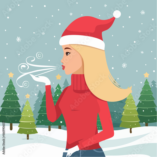 Beautiful isolated Christmas winter blonde girl puffing