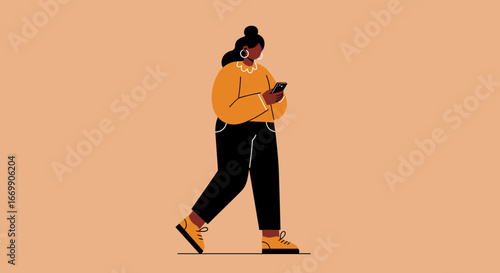 Stylish woman walking casually while engrossed in her smartphone, representing modern communication and digital connectivity. Ideal for technology, lifestyle, and social media concepts.