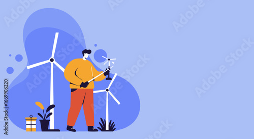 A man holds a miniature wind turbine, symbolizing sustainable energy development and environmental innovation. Ideal for business, technology, and eco-friendly concepts.