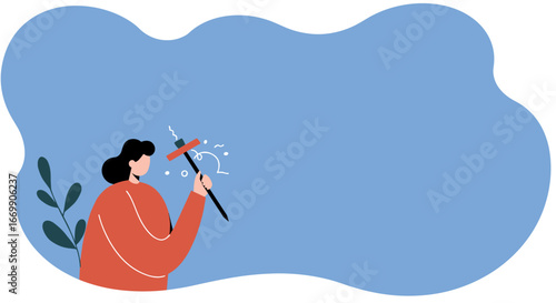 Stylized illustration of a person cleaning a surface, symbolizing tidiness, fresh starts, and efficient problem-solving. Ideal for business, home, or productivity concepts.