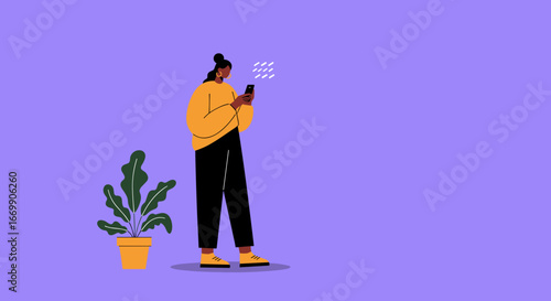 Stylish illustration of a person engaged with their smartphone, symbolizing digital communication, social networking, and modern lifestyle amidst a minimalist setting.