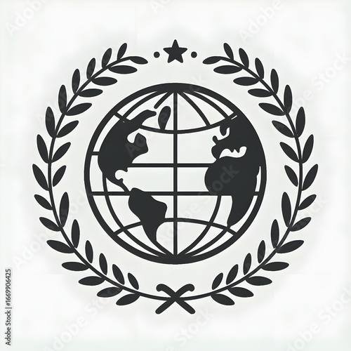 Global Unity Emblem with Laurel Wreath and World Map Icon