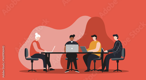 Diverse team collaborates on laptops at a modern office table, illustrating business teamwork, innovation, and productivity. Ideal for corporate, technology, or startup concepts.