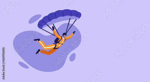 Energetic skydiver with an open parachute soaring through the air, embodying adventure, freedom, and extreme sports. Perfect for concepts of challenge, lifestyle, or daring travel.