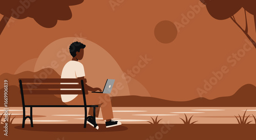 Young man working on a laptop on a park bench by a lake at sunset. Remote work, freelance, digital nomad, peaceful outdoor lifestyle.