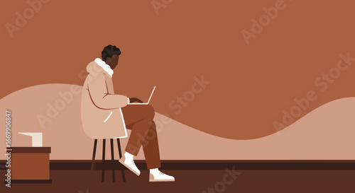 Illustrative view of a person wearing a warm coat, working or studying on a laptop in a cozy, minimalist setting. Ideal for remote work, technology, or lifestyle concepts.