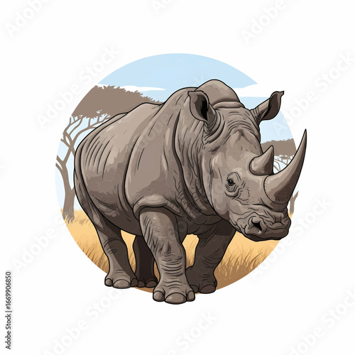 Realistic vector illustration of a rhinoceros in savanna habitat
