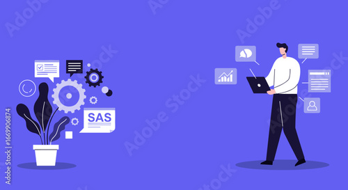 Illustrative man working on a laptop, surrounded by data icons and gears. Perfect for showcasing business intelligence, software development, data analysis, or technological solutions.