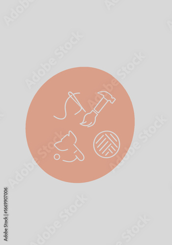 A minimalist illustration featuring icons representing sewing, painting, crafting, and weaving within a peach-colored circle on a light gray background.