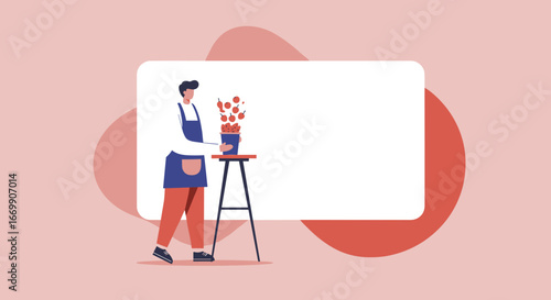 A person in an apron tending to a pot overflowing with fresh red produce, symbolizing growth, harvest, and healthy living. Ideal for natural food concepts.