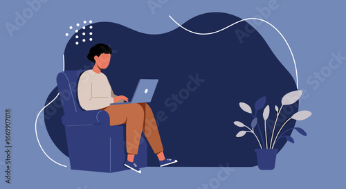A person works remotely on a laptop from a comfortable armchair at home, embodying flexible modern lifestyle, online education, or digital business.