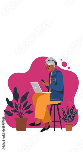 Active senior woman multitasking with a laptop and smartphone, connecting and learning online in a modern, productive lifestyle.