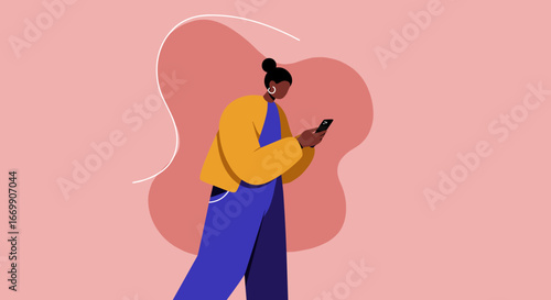 Young woman engaged with her smartphone, browsing, texting, or using social media. Modern lifestyle concept for digital communication and technology.
