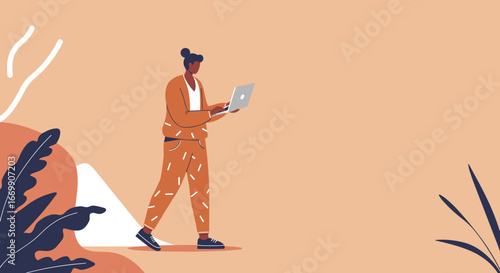 Stylish person working remotely on a laptop in a modern, abstract environment. Represents flexible work, digital connectivity, and contemporary lifestyle.
