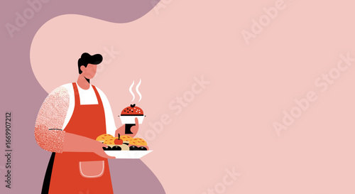 Man in an apron holds a tray of fresh baked goods and a steaming cup, symbolizing food service, hospitality, and home cooking.