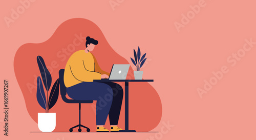 Focused person working remotely on a laptop at a stylish desk with plants. Perfect for business, education, or freelance concepts and modern lifestyle.