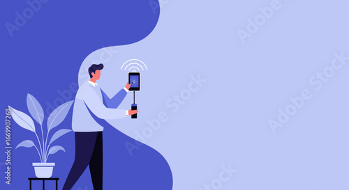 Man uses smartphone to remotely control a smart device with wireless connectivity. Modern technology for convenience and smart living.