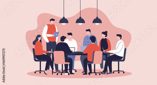 Professional team collaborating in a modern office meeting, discussing ideas and working together. Ideal for business, teamwork, and corporate concepts.