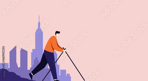 Determined man using walking poles moving towards a city skyline. Represents progress, urban exploration, personal growth, and overcoming challenges.