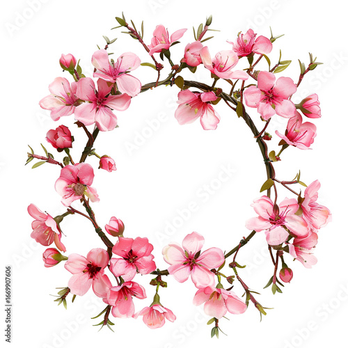 Pink cherry blossom floral wreath isolated on white