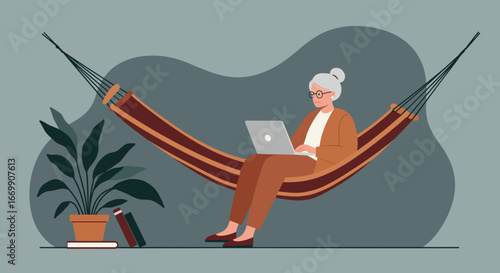 Relaxed senior woman uses a laptop in a comfortable hammock, representing flexible work, retirement, or digital leisure.